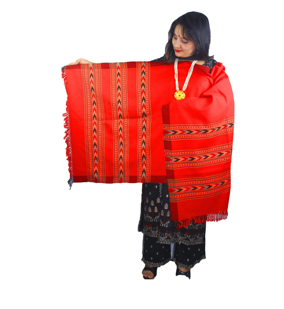 PURE WOOL HAND WOVEN TRIPLE BORDER KULLU STOLE FOR WOMEN AND GIRLS RED 850.00 aruna kullu handloom
