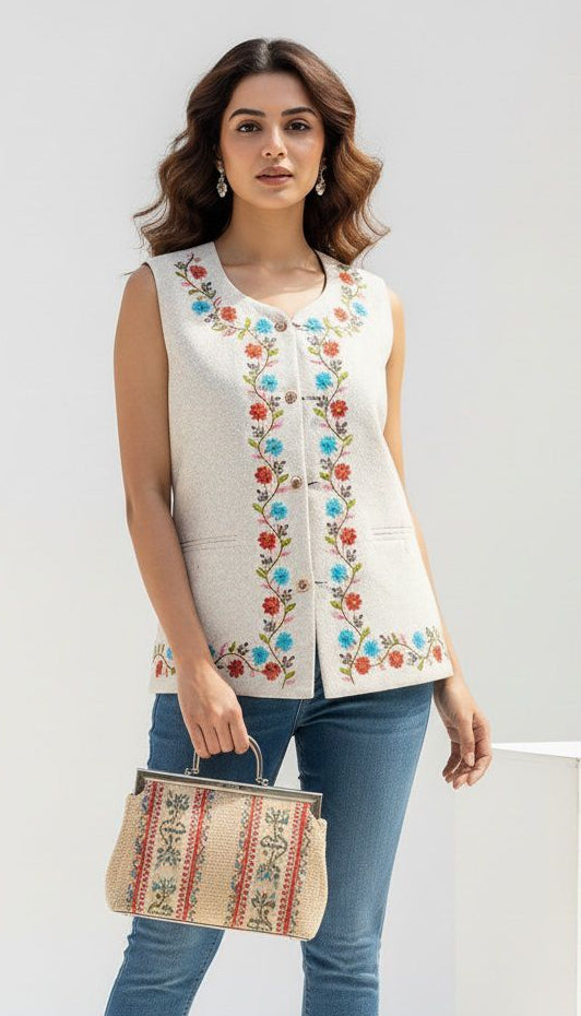 Handcrafted-Embroidered Cream Himachali Sadri (Jacket) for Women - Martin Fabric Ethnic Half Jacket with Pockets 800.00 aruna kullu handloom