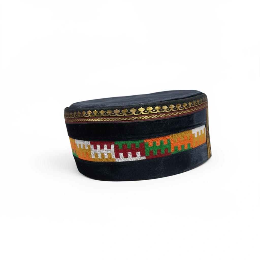 Navy velvet cap with center border and floral design.