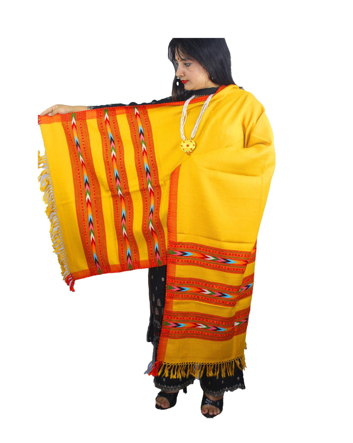 pahadi scarf for women PURE WOOL HAND WOVEN TRIPLE BORDER KULLU STOLE FOR WOMEN AND GIRLS YELLOW 850.00 aruna kullu handloom