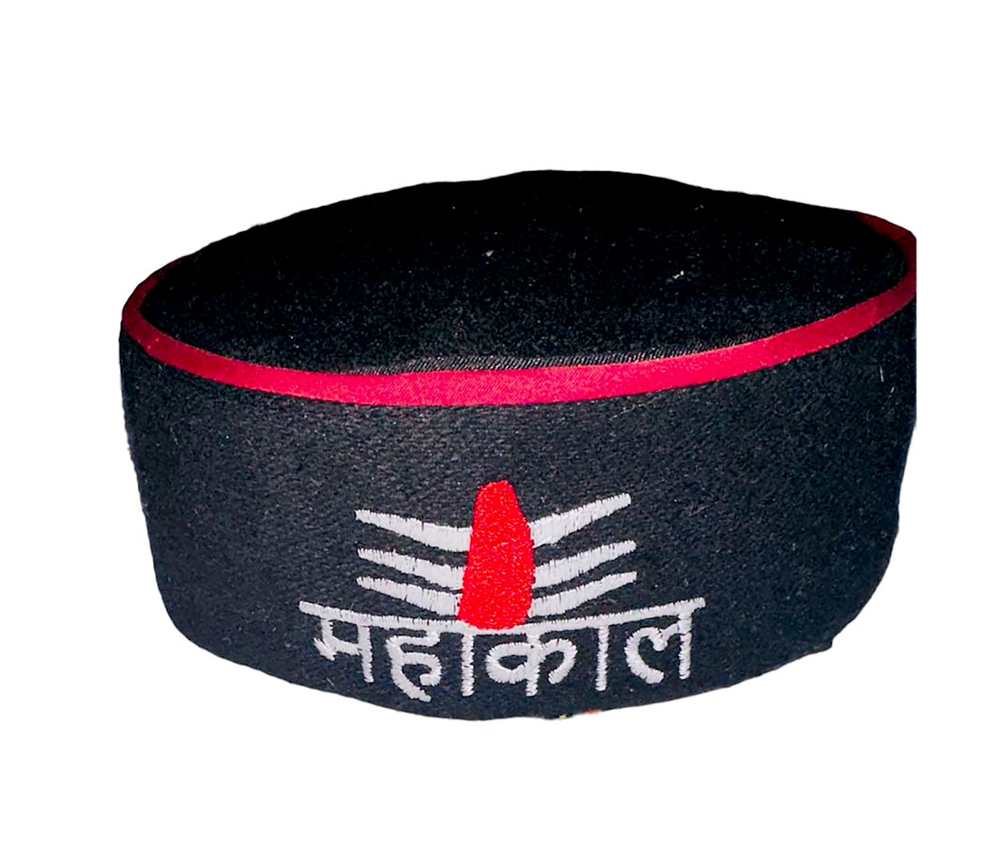 The aruna kullu handloom MAHADEV LOGO Pahari Himachali cap is black with a red border, featuring a religious symbol and "महाकाल" (Mahakal) embroidered in white Hindi script on the front.