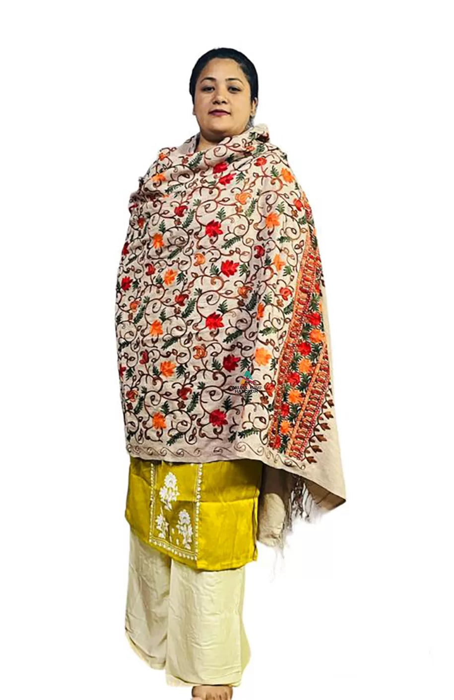 Women's Kashmiri Aari Embroided Floral pure wool Woven Shawls (SIZE: 40" X 80") Off white 1299.00 aruna kullu handloom