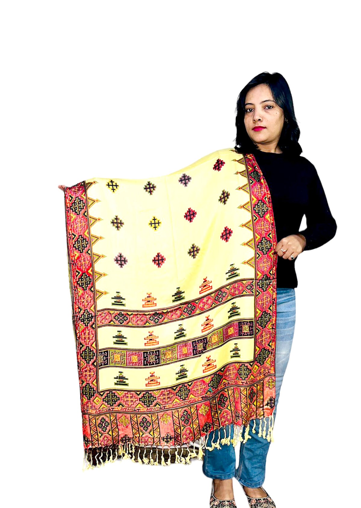 kullu manali famous items PURE WOOL STOLE WITH BEAUTIFUL KULLU KINNAURI PRINTED DESIGN LEMON 399.00 aruna kullu handloom