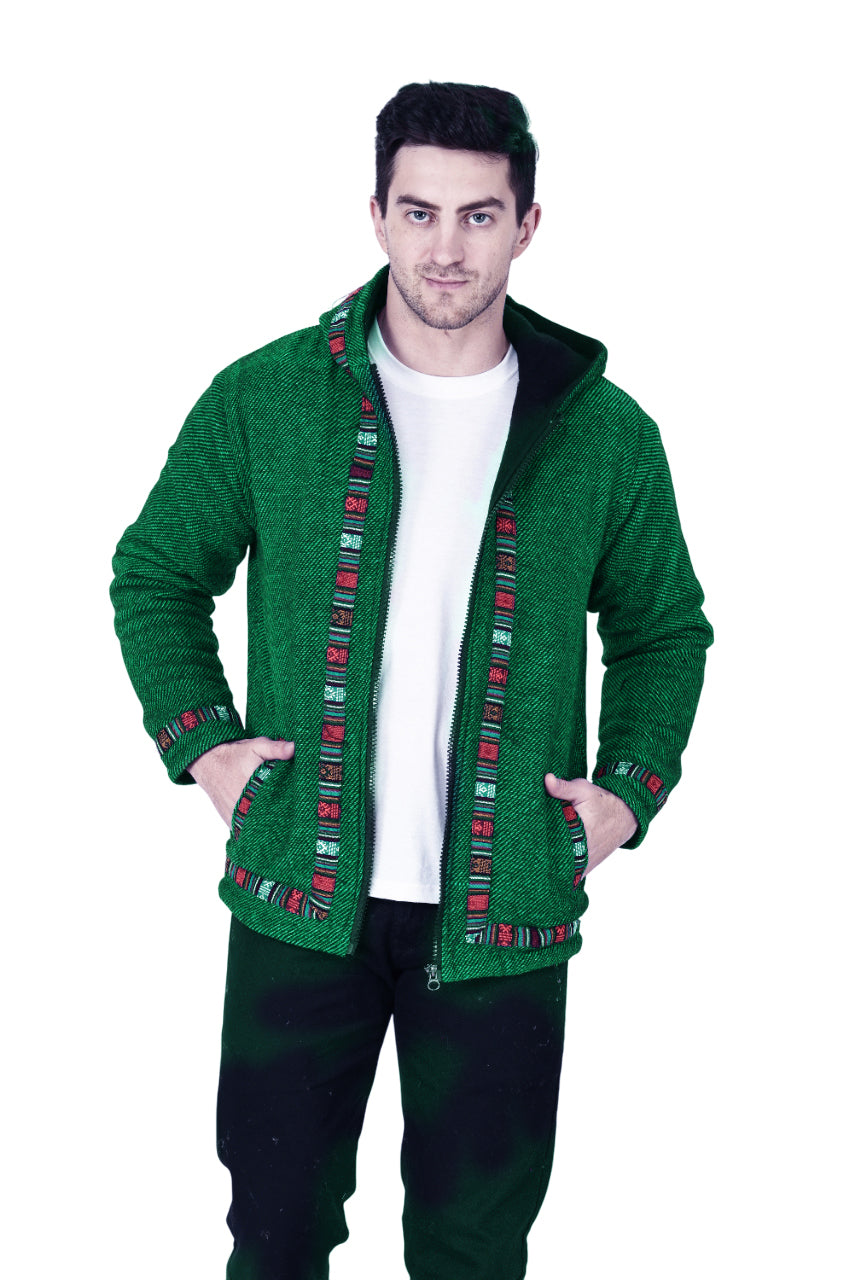 Woolen Winter Wear ZIPPER HOODIE Jacket for MEN & Women WITH KULLU PATTI WORK green 1099.00 aruna kullu handloom
