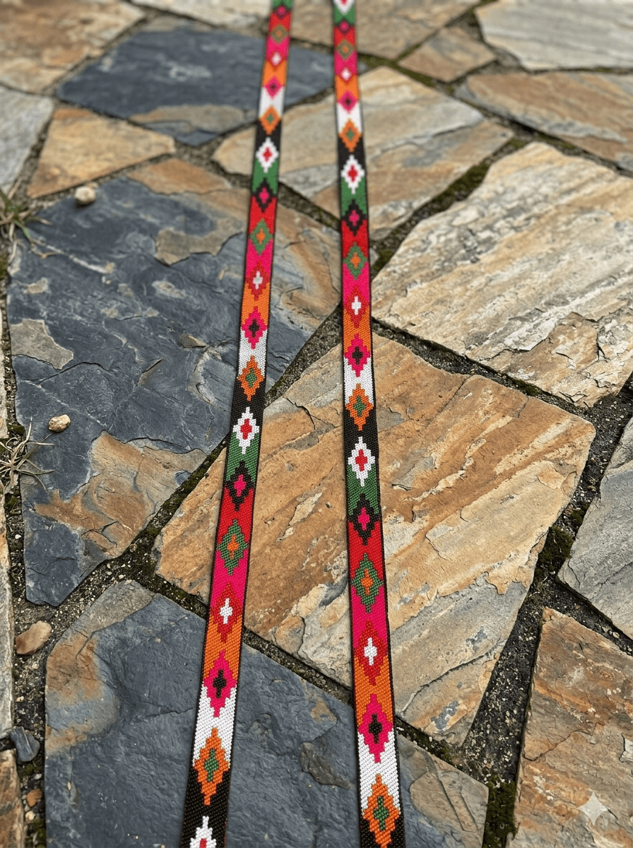 6 meter Kullu Patti Suit border lace design in vibrant colors on a stone surface, showcasing intricate patterns.