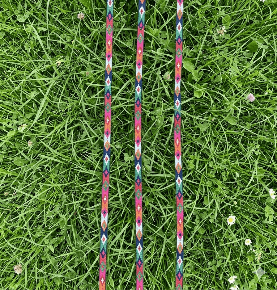 6 meter Kullu Patti Suit border lace design featuring vibrant patterns on green grass background