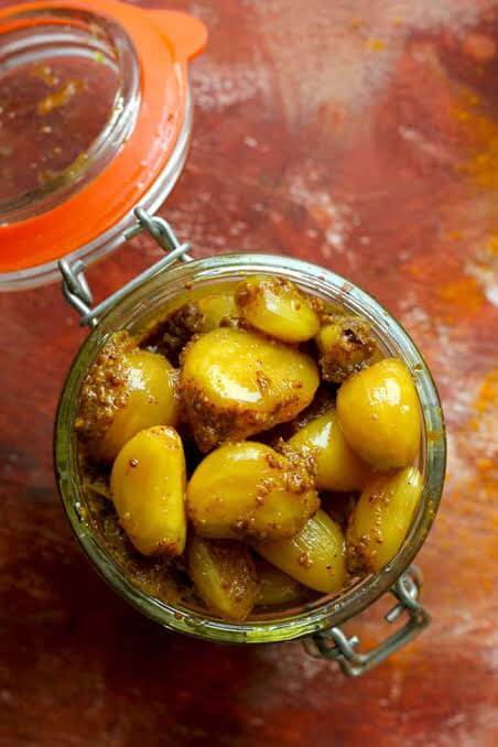 Organic garlic pickle, traditional lehsun ka achar, homemade.