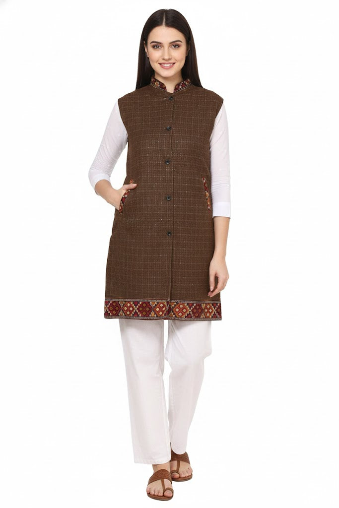 Check brown long jacket with kullu lace work 999.00 aruna kullu handloom