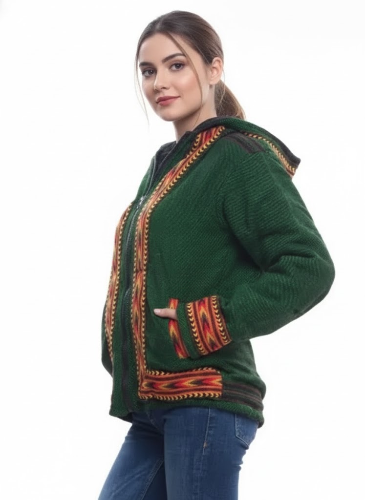 A woman with long brown hair in a ponytail wears the aruna kullu handloom green ZIPPER HOODIE Jacket for MEN & Women WITH KULLU PATTI WORK, paired with blue jeans, standing against a white background.kullu patti hoodies online kullu patti hoodies kullu hoodie woolen kullu woolen hoodies kullu hoodie for girls