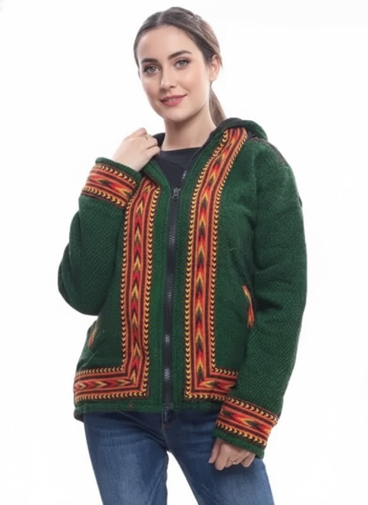 ZIPPER HOODIE Jacket for MEN & Women WITH KULLU PATTI WORK GREEN COLOR 1299.00 aruna kullu handloom
