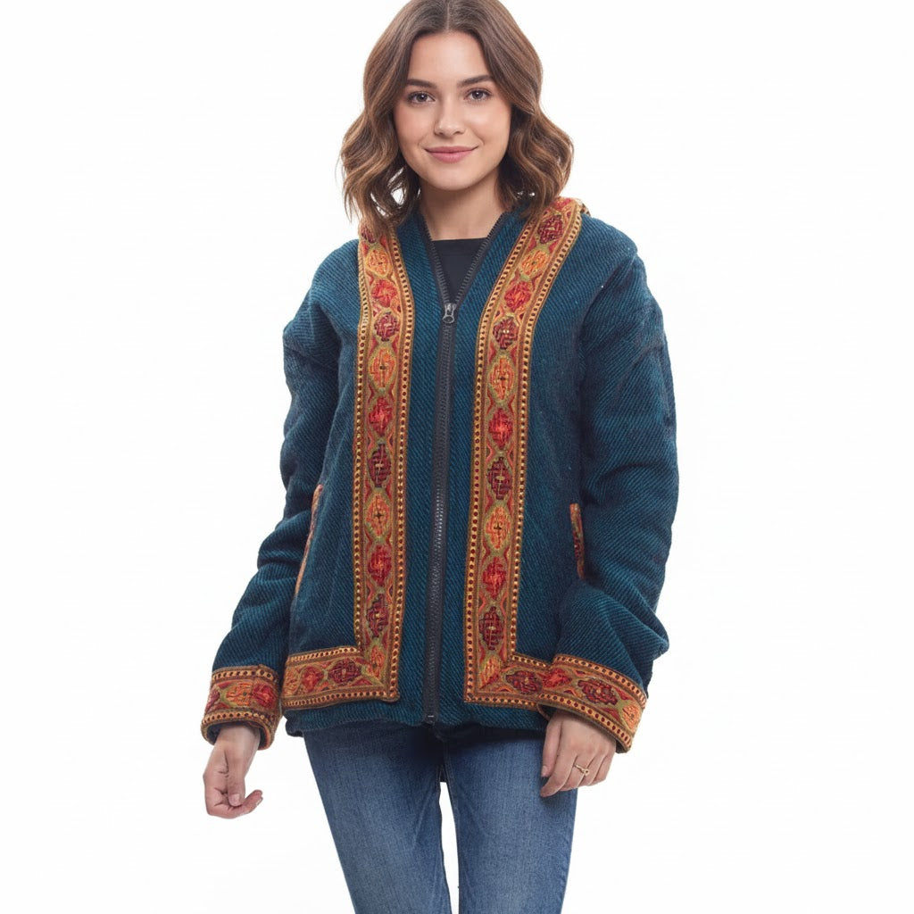 Himachal handicrafts Woolen Winter Wear ZIPPER HOODIE Jacket for MEN & Women WITH KULLU PATTI WORK blue 1299.00 aruna kullu handloom