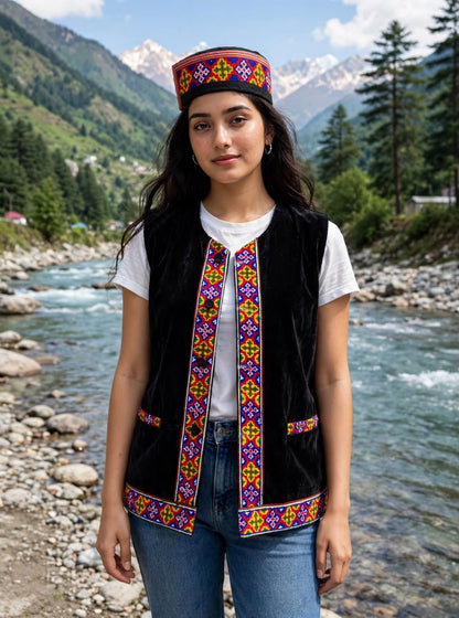 himachali traditional SHORT black jacket with kullu patti work