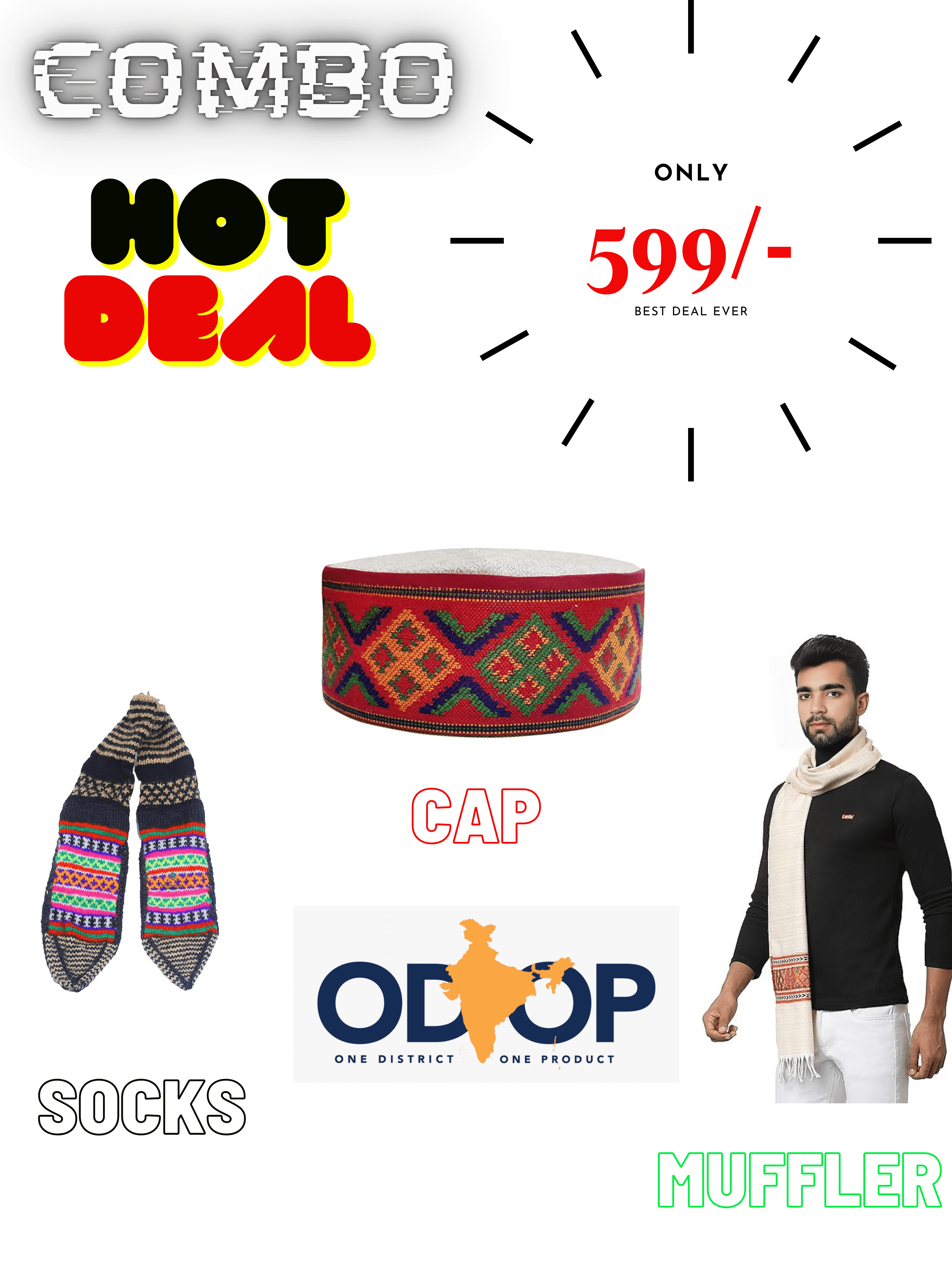 Combo pack for men: muffler, socks, and knitted cap.