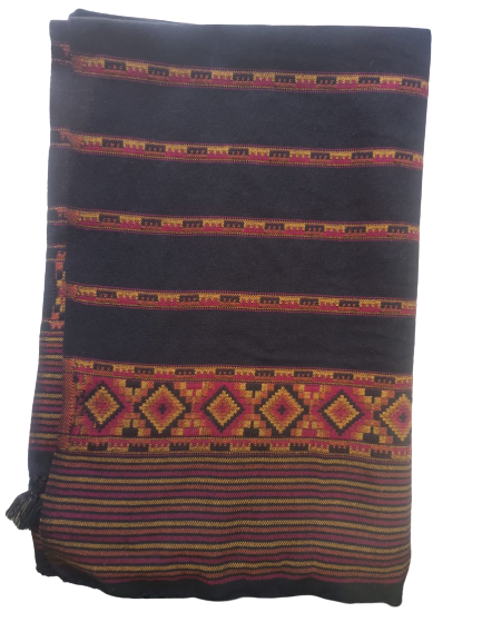 The aruna kullu handloom Hand Woven PASHMINA BLACK Shawl for women features intricate embroidery, horizontal stripes, and geometric red, yellow, and orange patterns on a dark woolen textile.