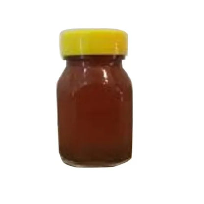 A small glass jar of Himachali Wild honey Raw honey from aruna kullu handloom, filled with pure brownish liquid and sealed with a bright yellow plastic lid, sits on a plain white background.