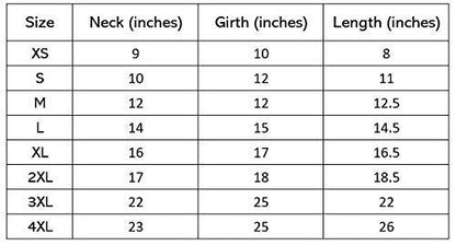 Check the size chart for aruna kullu handloom’s orange dog sweater india, available in XS–4XL with neck (9–23"), girth (10–25"), and length (8–26”) to ensure a perfect fit for all dogs.