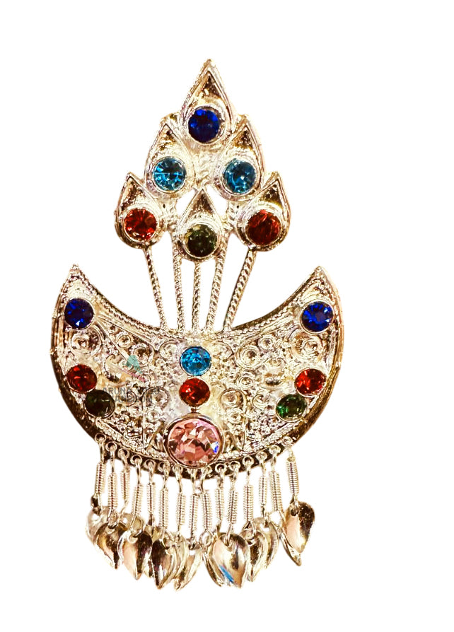 The Artificial Handcrafted Himachali Kalgi For Himachali Topi by aruna kullu handloom features silver-toned filigree with red, blue, and green gems and teardrop charms, inspired by traditional fan-like and floral designs.