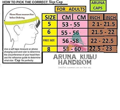 The aruna kullu handloom GREY CENTER BORDER kullu cap (₹330) size chart for adults shows sizes 5–8, head circumference 53–60 cm (21–23.5 in), and includes measuring instructions plus an illustration for head circumference.