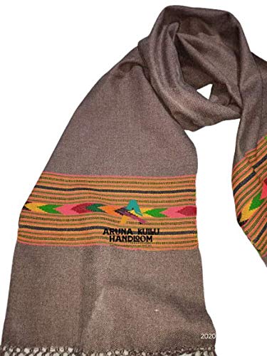 The aruna kullu handloom Men's and Women's Woollen Hand Woven Kullu Pure Embroidered Muffler features colorful geometric embroidery near the ends, a simple white tassel fringe, and comes in brown color for traditional style and warmth.
