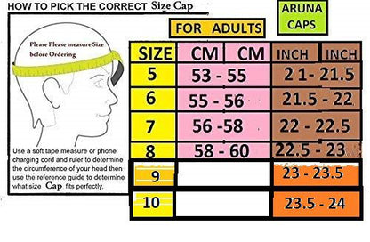 The aruna kullu handloom himachali topi red with flower and Kalgi golden has an adult size chart (sizes 5-10; 53–60 cm/21–24 in). Measure your head for the right woolen handloom cap fit.