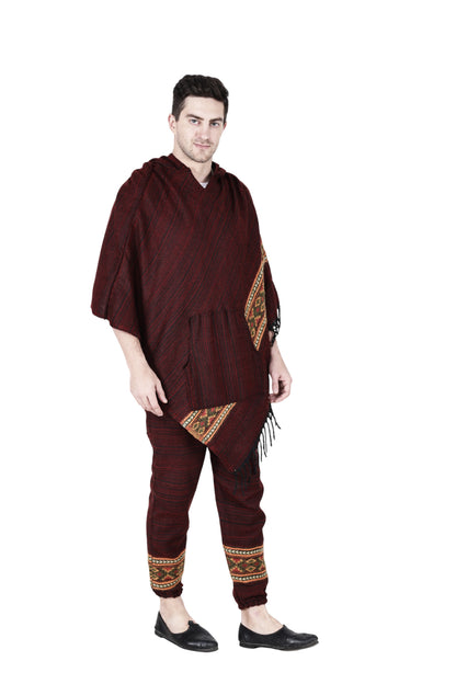 A man faces forward, smiling slightly, wearing the aruna kullu handloom Combo poncho and pajama in maroon. The outfit features matching handwoven embroidery and traditional patterns, paired with black slip-on shoes against a white background.