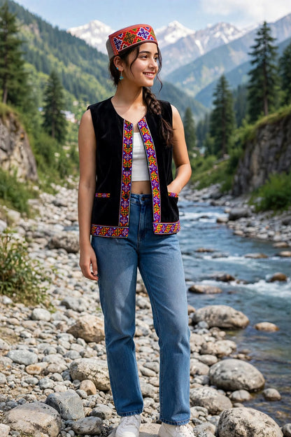 himachali traditional SHORT black jacket with kullu patti work