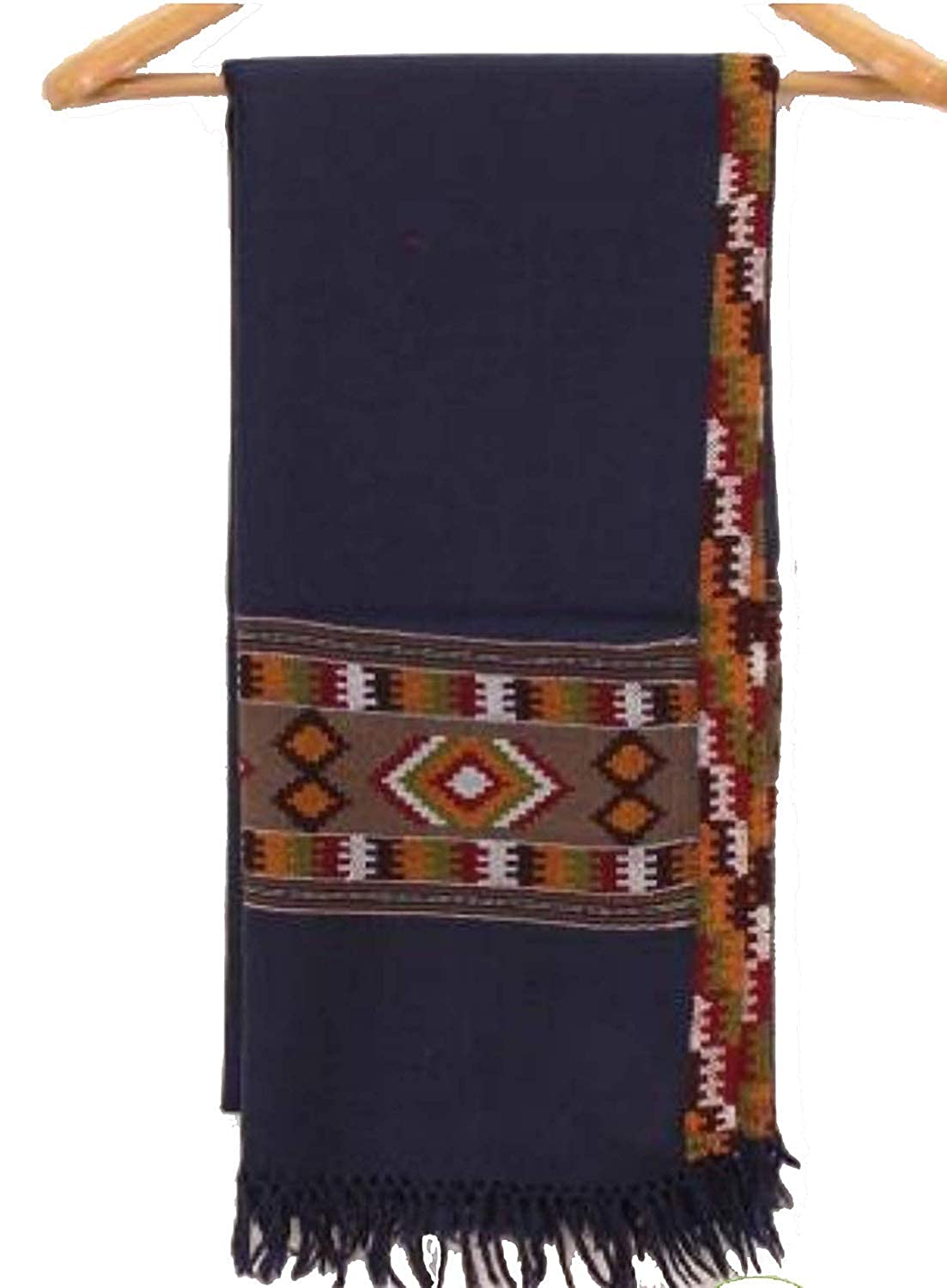 The aruna kullu handloom Kullu Kinnauri Handcrafted Shawl is a dark blue, handwoven wool shawl with colorful red, white, orange, and green geometric patterns and fringe ends, displayed on a wooden hanger.