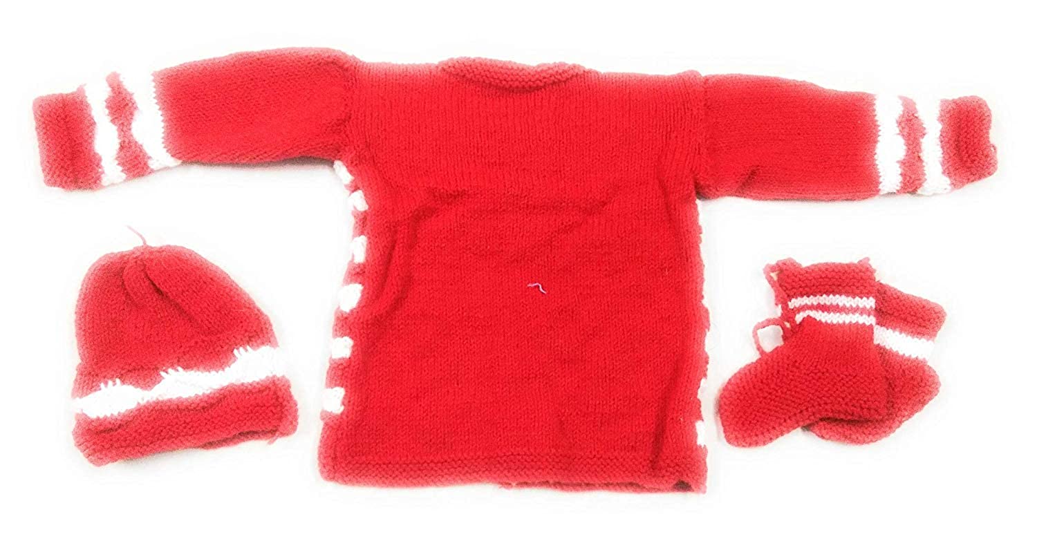 PURE WOOL NEW BORN BABY SET RED & WHITE by aruna kullu handloom includes a red sweater with white striped sleeves, matching handwoven embroidered hat, and red booties with white accents, all shown on a white background.
