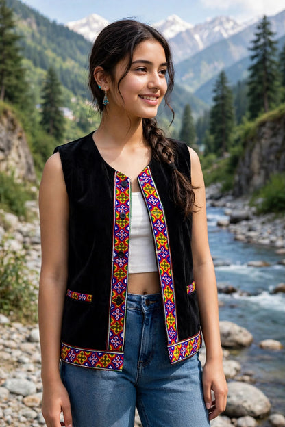 himachali traditional SHORT black jacket with kullu patti work