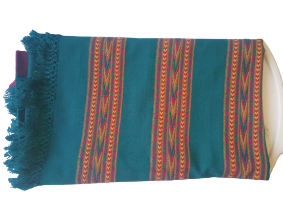 The ANGORA Shawl by aruna kullu handloom features beautiful triple border Kullu weaving in green wool with intricate yellow, red, and orange geometric patterns and fringed edges, elegantly displayed on a white surface.