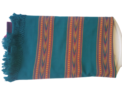 The ANGORA Shawl by aruna kullu handloom features beautiful triple border Kullu weaving in green wool with intricate yellow, red, and orange geometric patterns and fringed edges, elegantly displayed on a white surface.