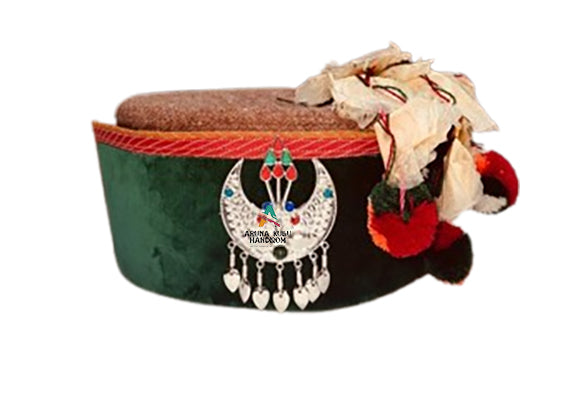 The aruna kullu handloom Artificial Handcrafted Himachali Kalgi is designed for Himachali topis, decorated with silver finish, red and green pom-poms, and white cloth accents—perfect for adding a festive groom’s touch.