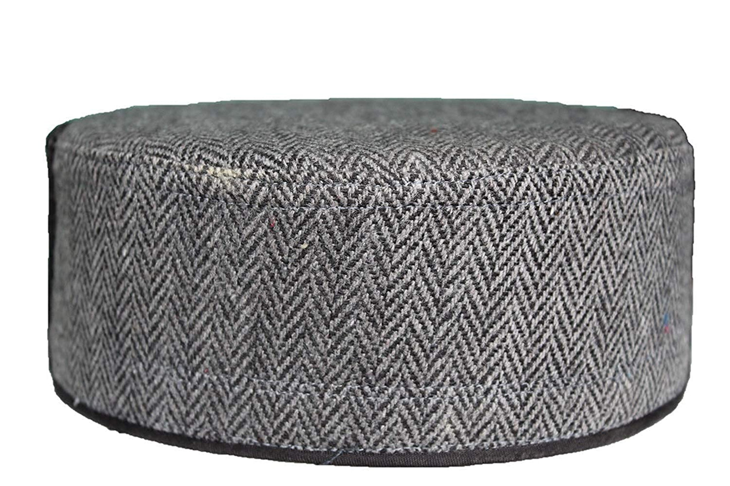 A GREY CENTER BORDER kullu cap by aruna kullu handloom, price 330, features a round, flat shape with a gray body and black-and-white chevron pattern, shown from the side against a white background.