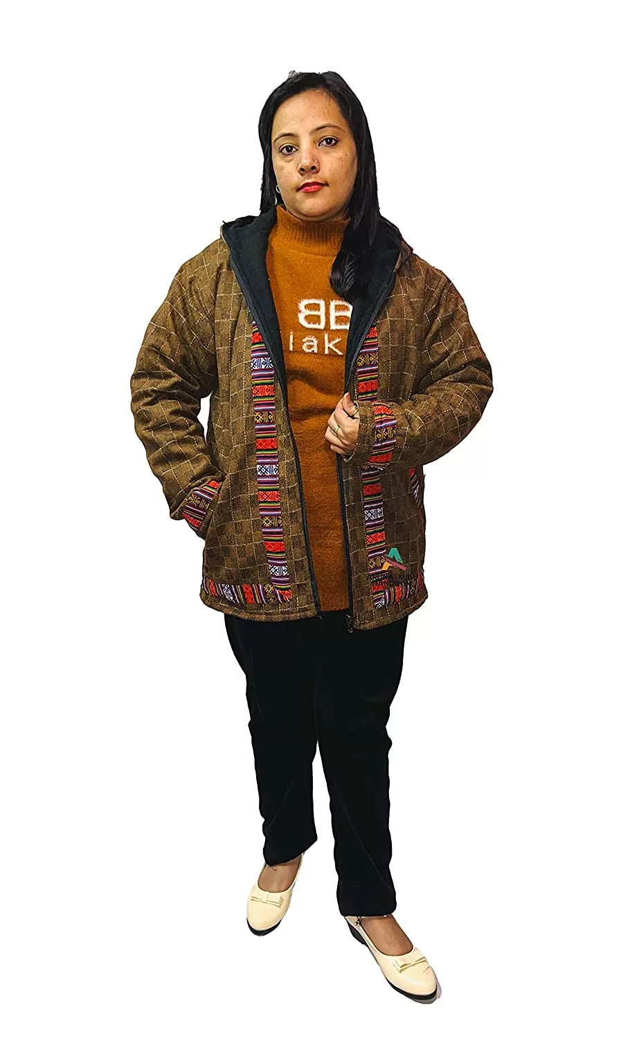 ZIPPER HOODIE Jacket for MEN & Women WITH KULLU PATTI WORK CHECK BROWN 1199.00 aruna kullu handloom