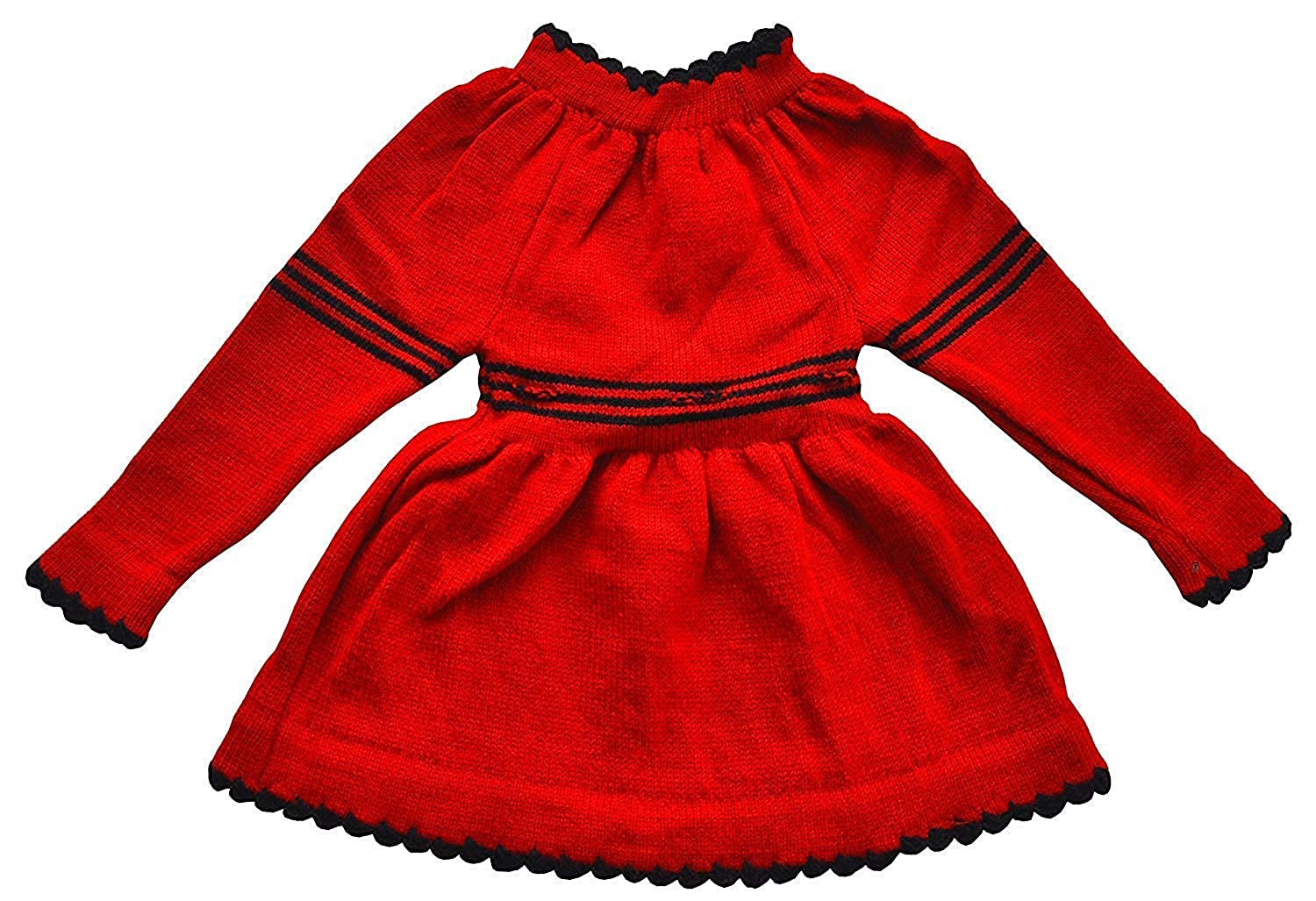 The ARUNA HANDLOOM PURE WOOL HAND KNITTED Woolen Frock (Red) by aruna kullu handloom is a bright red, long-sleeved frock with black trim and waist stripes, featuring a gathered skirt and classic, simple style for newborns.