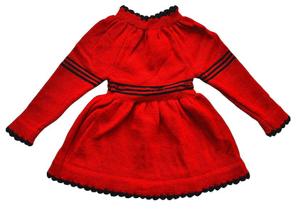The ARUNA HANDLOOM PURE WOOL HAND KNITTED Woolen Frock (Red) by aruna kullu handloom is a bright red, long-sleeved frock with black trim and waist stripes, featuring a gathered skirt and classic, simple style for newborns.