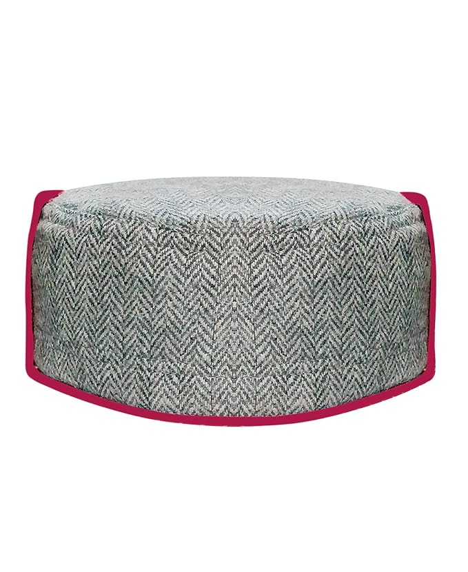 kullu cap kullu cap price kullu cap online kullu cap design kullu cap wholesaleA round ottoman with a gray herringbone pattern and bright pink border, inspired by the aruna kullu handloom himachali cap Kullu Patti Woolen Topi/Cap with mor panja design, shown from the front on a white background.