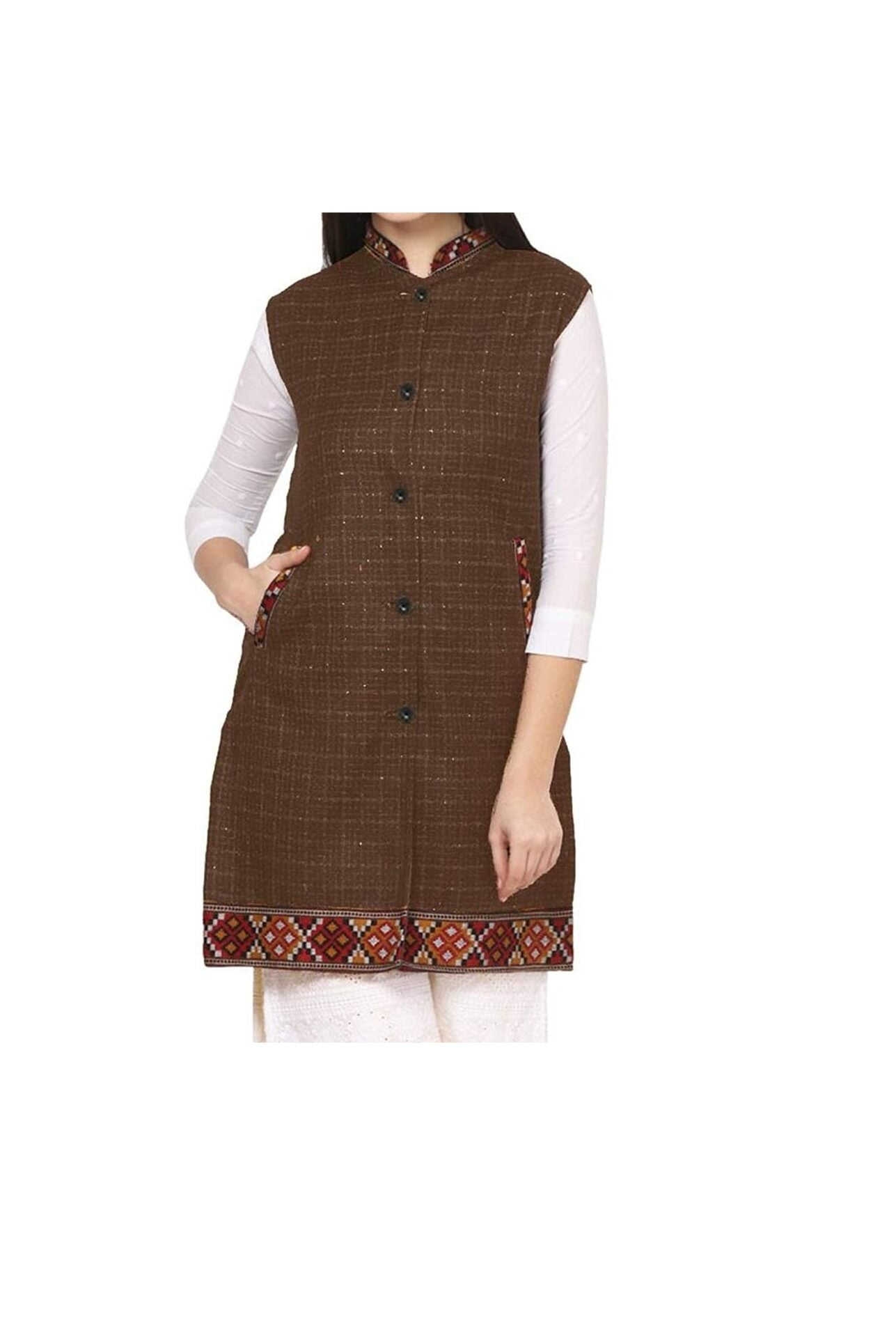 manali dress for girl Woolen Winter Wear Long Jacket for Women BROWN COLOR HALF SLEEVE AND FULL SLEEVE BOTH AVAILABLE 1199.00 aruna kullu handloom
