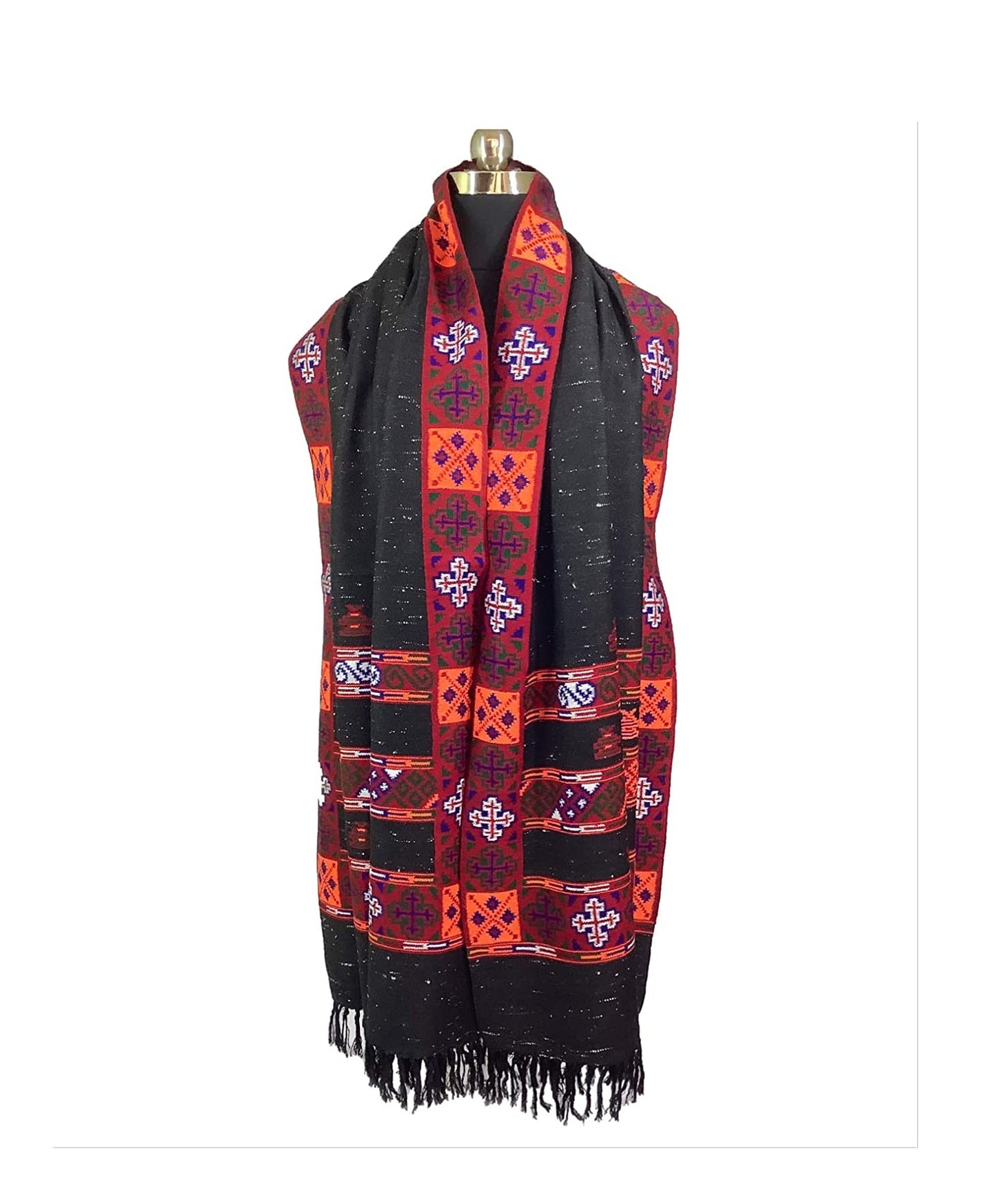The Women's Yak Wool Kullu Kinnuari Triple Border Kullu Shawl Black by aruna kullu handloom features vibrant red, purple, and white geometric embroidery, intricate horizontal designs, fringed ends, and is crafted from warm Himachali wool.