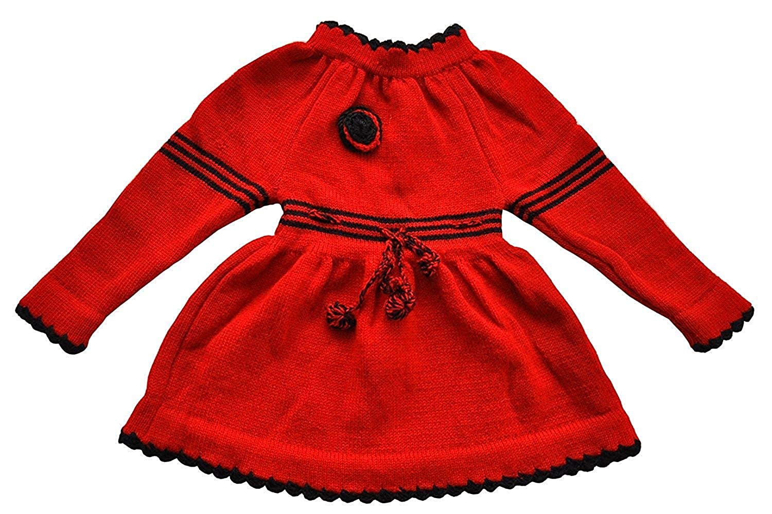 The ARUNA HANDLOOM PURE WOOL HAND KNITTED Woolen Frock (Red) by aruna kullu handloom is a long-sleeved, red frock for kids with black trim, black stripes on chest and waist, and decorative black knitted flowers.