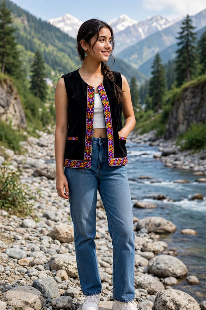 himachali traditional SHORT black jacket with kullu patti work