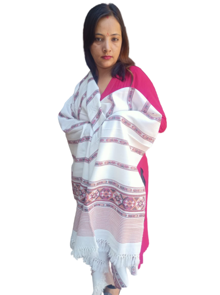 A woman in a deep pink outfit is draped in an aruna kullu handloom Hand Woven PASHMINA WHITE Shawl, beautifully embroidered for women, with fringed edges, standing against a plain white background.