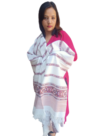 A woman in a deep pink outfit is draped in an aruna kullu handloom Hand Woven PASHMINA WHITE Shawl, beautifully embroidered for women, with fringed edges, standing against a plain white background.
