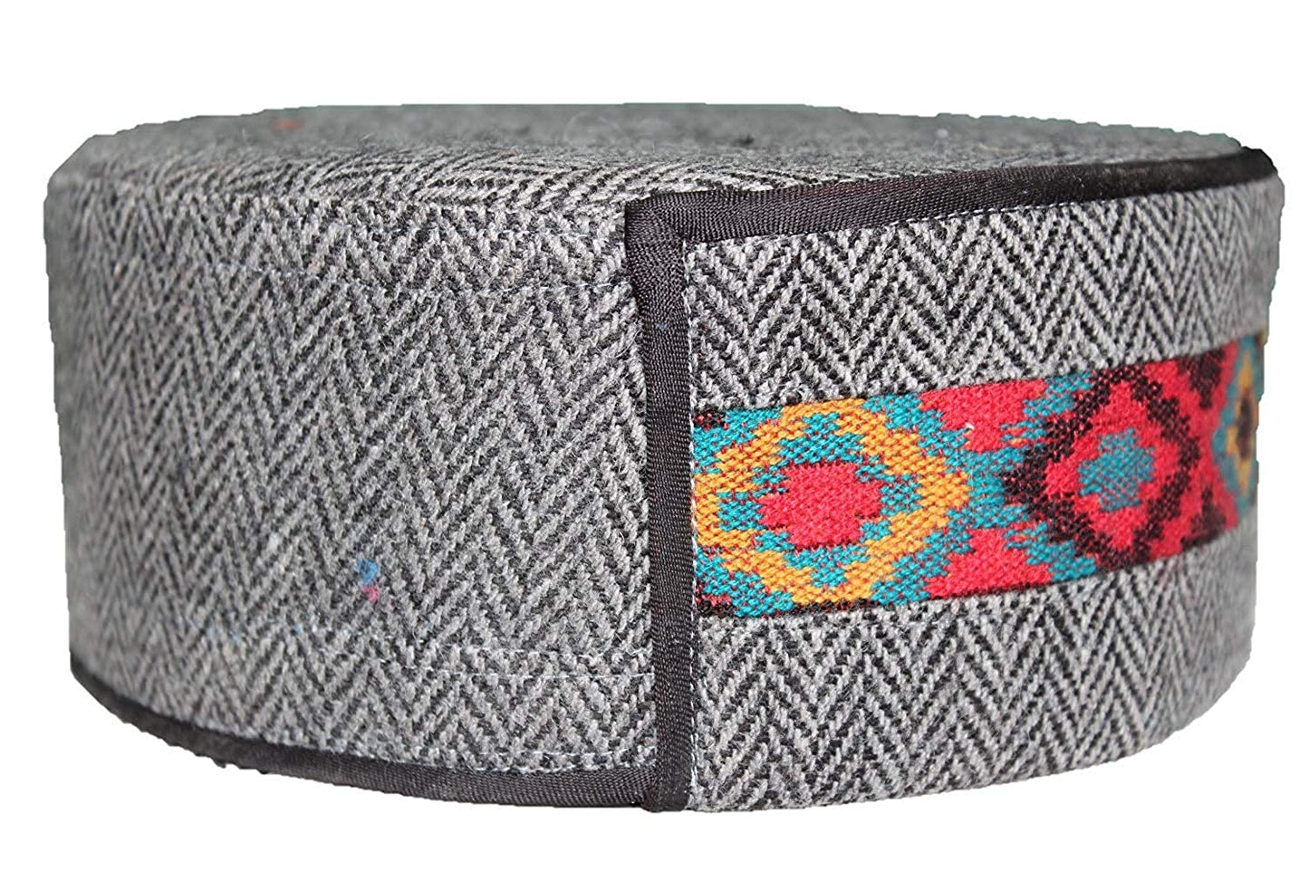 Explore the GREY CENTER BORDER Kullu cap by aruna kullu handloom—round, grey, with a herringbone pattern and a colorful embroidered geometric band. Authentic Himachali style at just ₹330. Check the Kullu cap price online now!.
