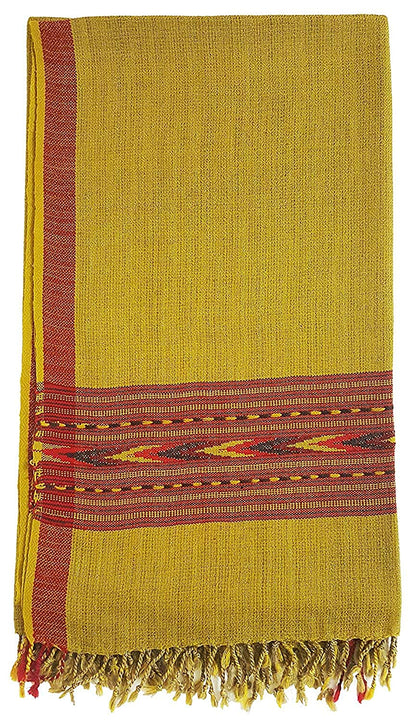 The ARUNA Premium Pure Wool Kullu Shawl Unisex by aruna kullu handloom is a folded yellow handwoven shawl featuring red stripes, intricate patterns near one end, and twisted yellow-red fringes—a stunning example of kullu craftsmanship.