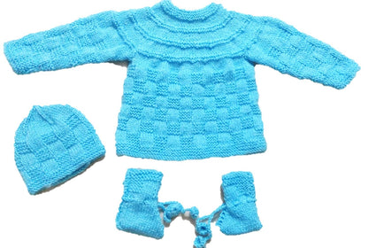 The PURE WOOL NEW BORN BABY SET FROZEN COLOR by aruna kullu handloom features classic Himachali handloom artistry—blue knitted sweater, matching hat, and booties—displayed on a white background.