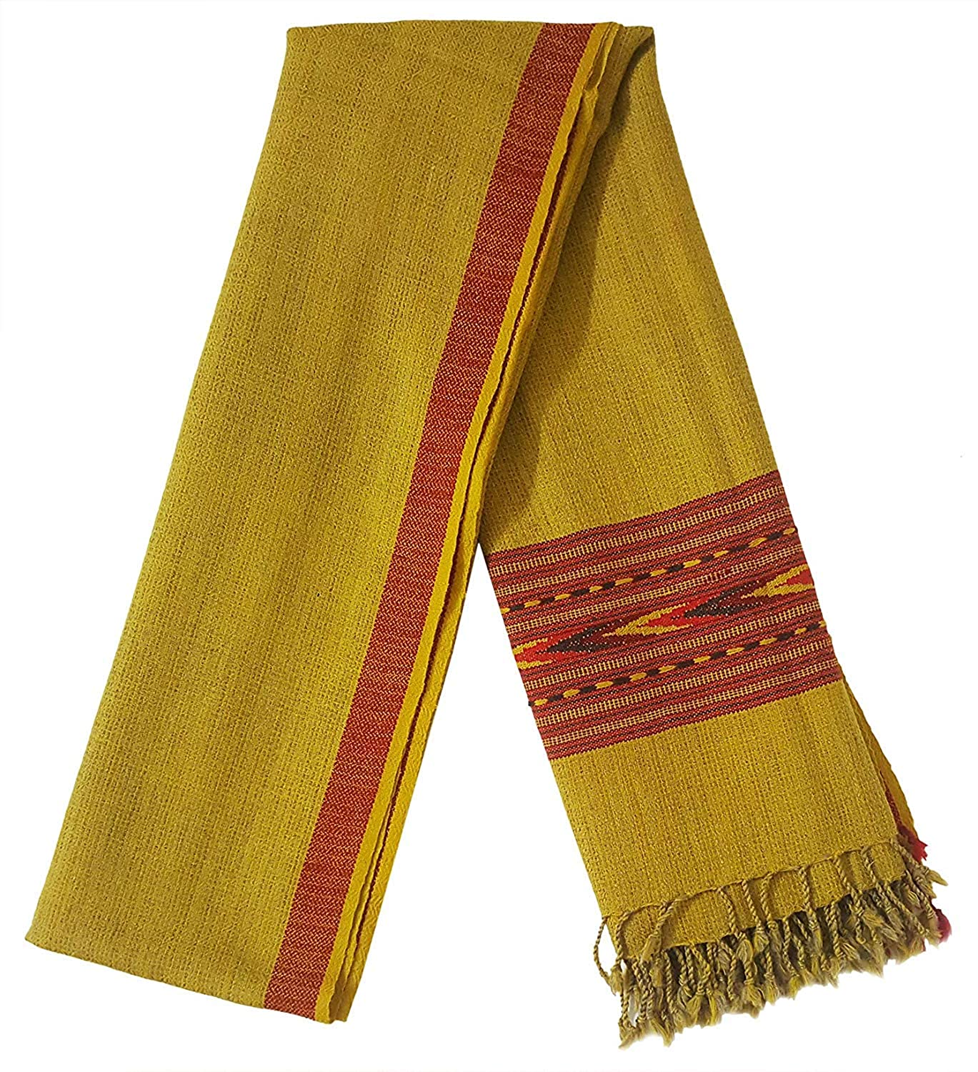 The ARUNA Premium Pure Wool Kullu Shawl Unisex by aruna kullu handloom, in mustard yellow with red stripes and fringed ends, showcases traditional Kullu craftsmanship and is displayed flat on a white background.