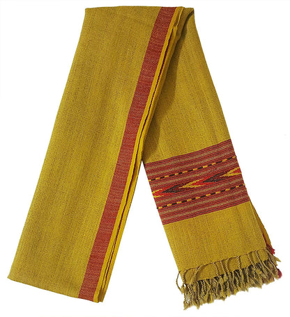 The ARUNA Premium Pure Wool Kullu Shawl Unisex by aruna kullu handloom, in mustard yellow with red stripes and fringed ends, showcases traditional Kullu craftsmanship and is displayed flat on a white background.