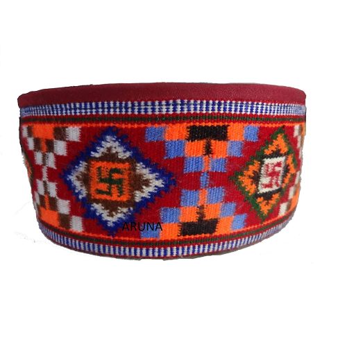 Unisex (Pahari Cap,himachali topi Fusion Cap) FINE SWASTIKA HANDMADE KULLU BORDER CAP 625.00 aruna kullu handloom
