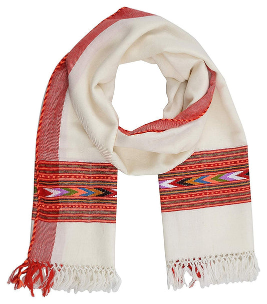The aruna kullu handloom Hand woven pure wool kullu stole in white features red borders, colorful geometric center patterns, and white fringe tassels at both ends, displayed in a looped arrangement.